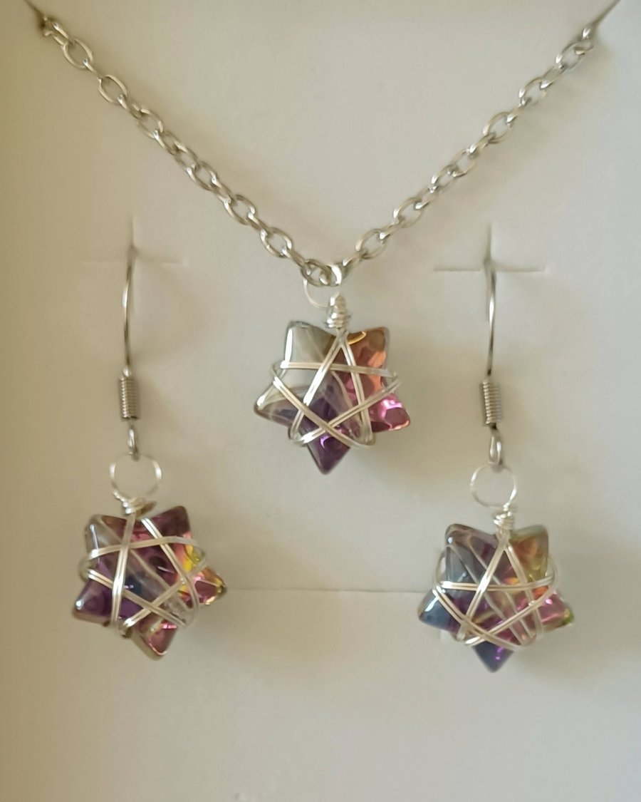 Wire Wrapped Star Necklace and Earrings - Green, Purple and Pink