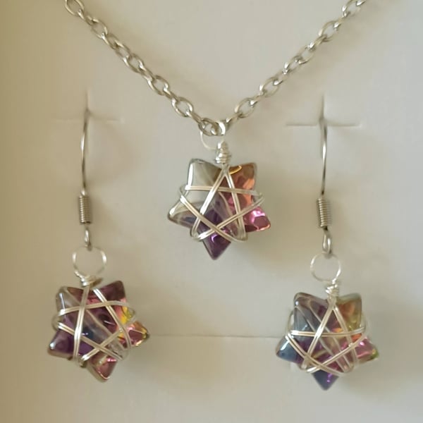 Wire Wrapped Star Necklace and Earrings - Green, Purple and Pink
