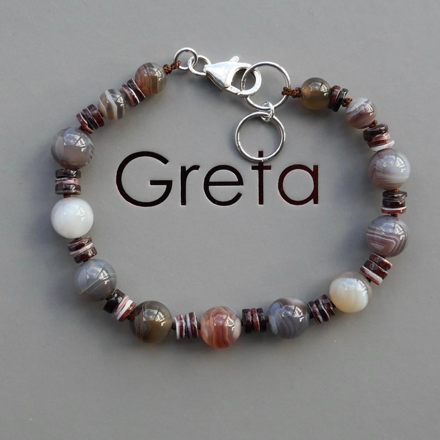Botswana Agate and Shell Bead Bracelet - Sterling Silver Lobster Clasp and Rings