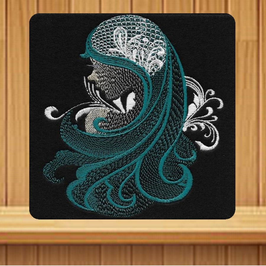 Handmade turquoise female profile greetings card embroidered design