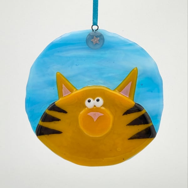 Ginger Cat Fused Glass Hanging Decoration