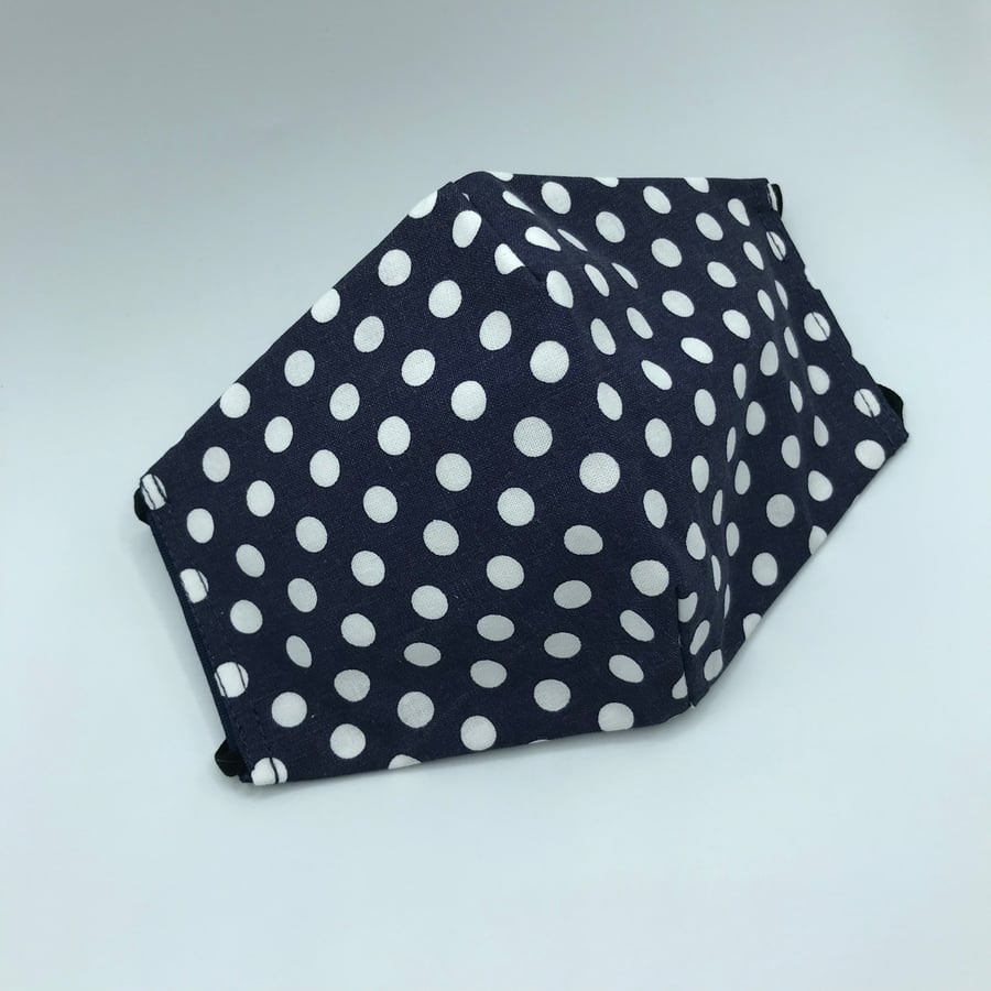 Navy Large Polka Dots Face Mask. Triple layered. 100 % Cotton Fabric.