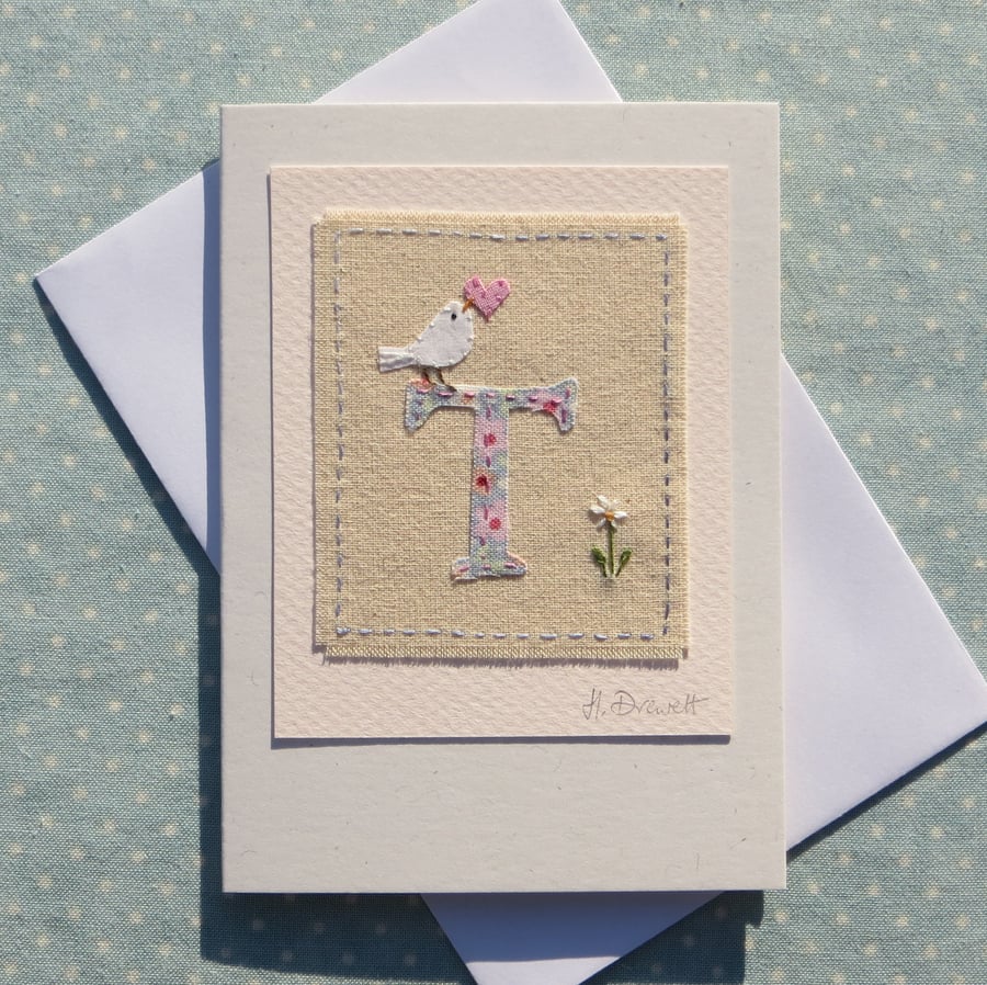 Sweet little letter T card, hand stitched new baby, Christening, 1st birthday ..