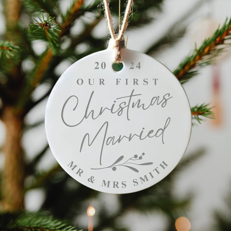 First Christmas Married - Mistletoe Tree Ornament: Newlywed Mr & Mrs Xmas Decor