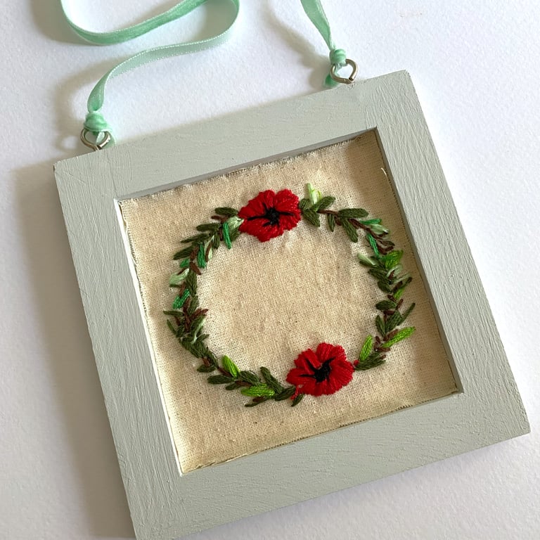 Hand Embroidered Poppy Decoration, Wall hanging, textile art, gift for her