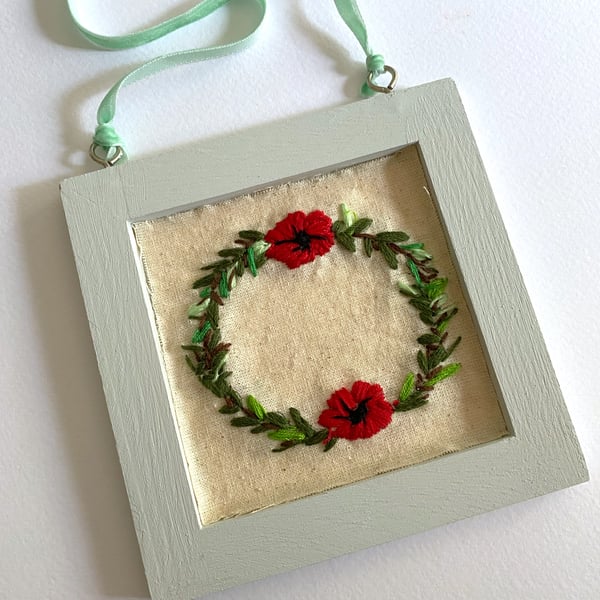 Hand Embroidered Poppy Decoration, Wall hanging, textile art, gift for her