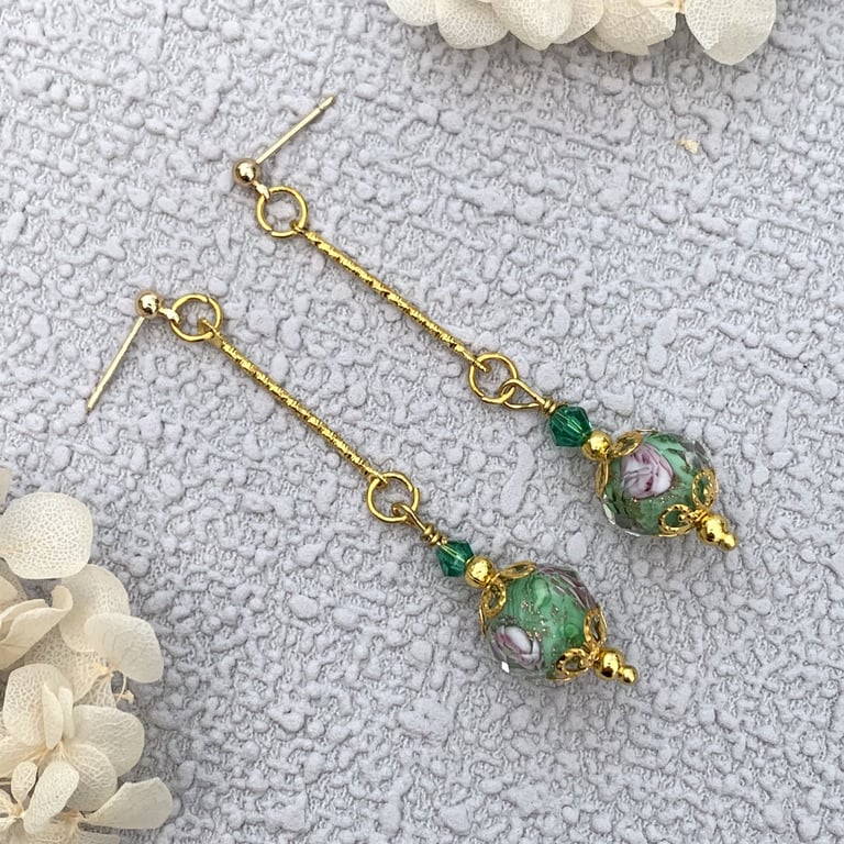 Vintage Style Green Glass and Gold Drop Earrings