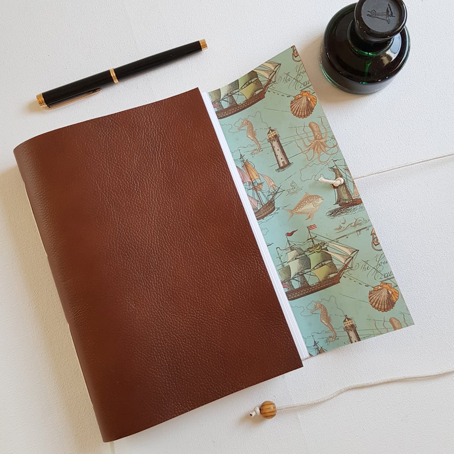 Tall Ships Journal or Sketchbook, Brown Leather, A5, Fathers Day Gift