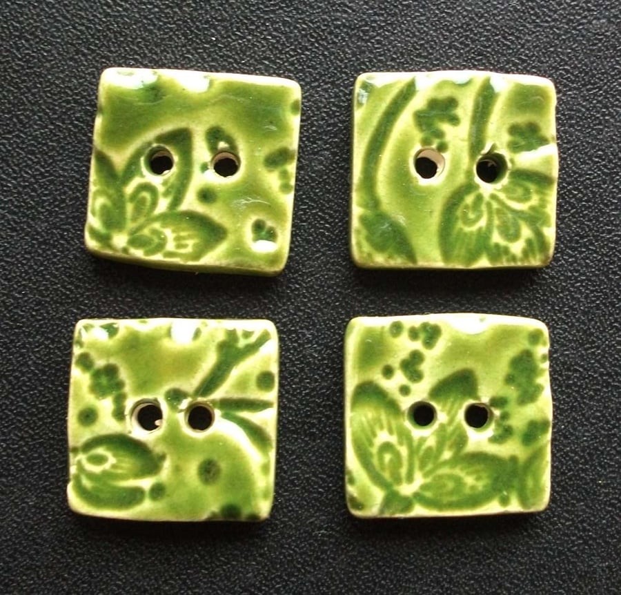 Set of four small square green leafy ceramic buttons
