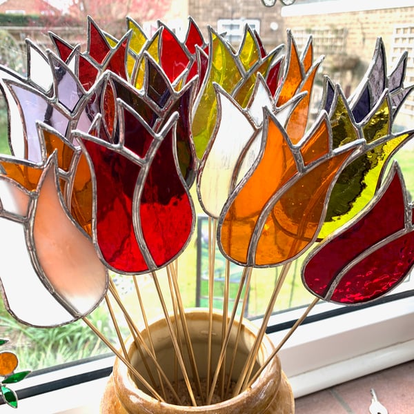Stained Glass Large Lily Tulip Plant Pot Stake x 3 -  Plant Pot Decoration 