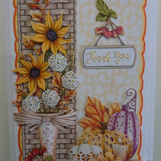 Thank You Card Autumn Flowers Pumpkins Candles Leaves 3D Luxury Handmade Card