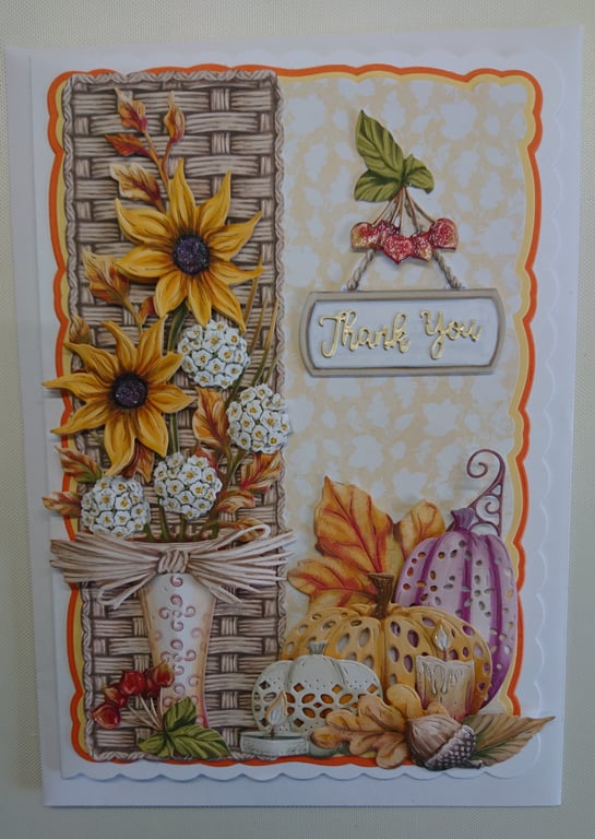 Thank You Card Autumn Flowers Pumpkins Candles Leaves 3D Luxury Handmade Card