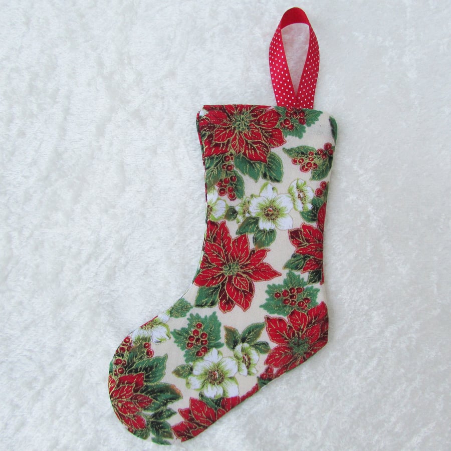 Small Christmas stocking tree decoration - cream, green, red and gold flowers