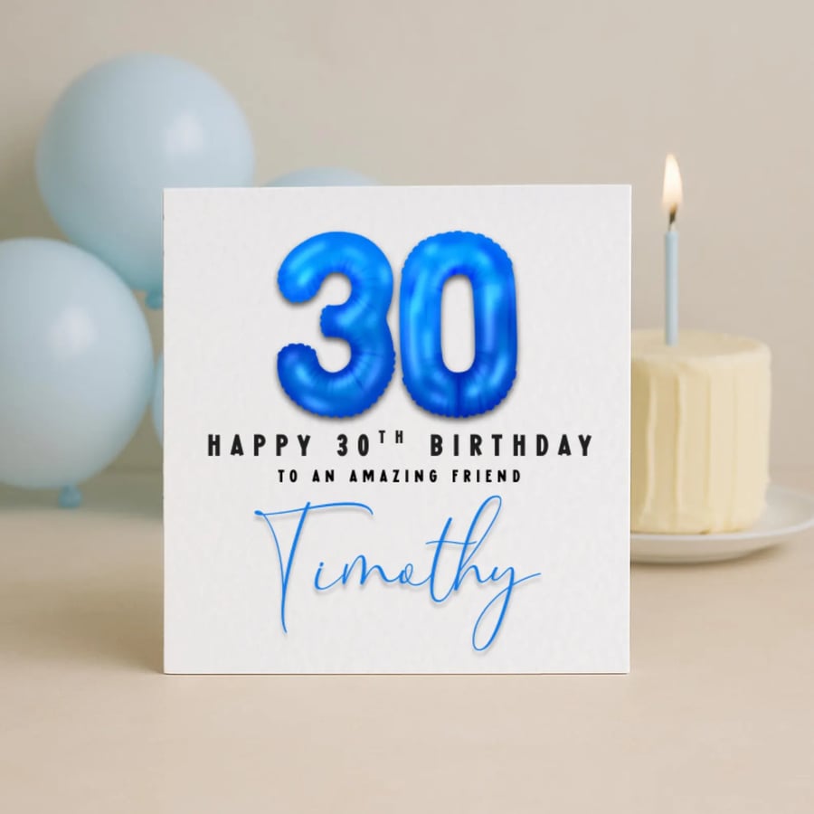 30th Birthday Card – Blue Foil Balloon Number – Milestone Birthday Card