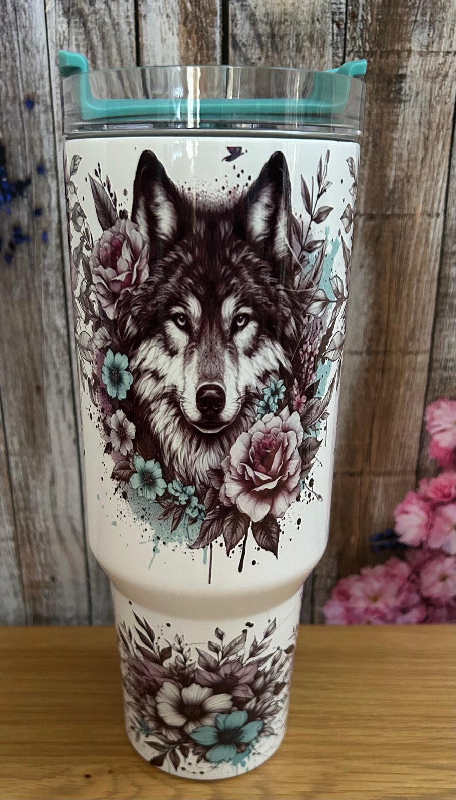 40oz Stanley Style tumbler floral wolf 