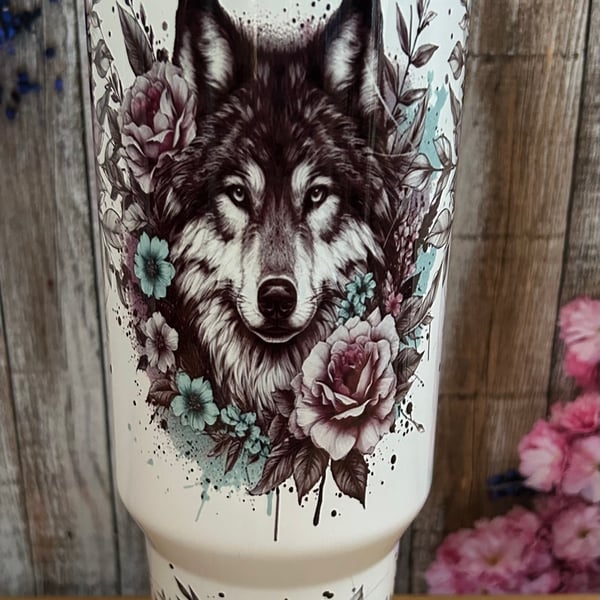 40oz Stanley Style tumbler floral wolf 