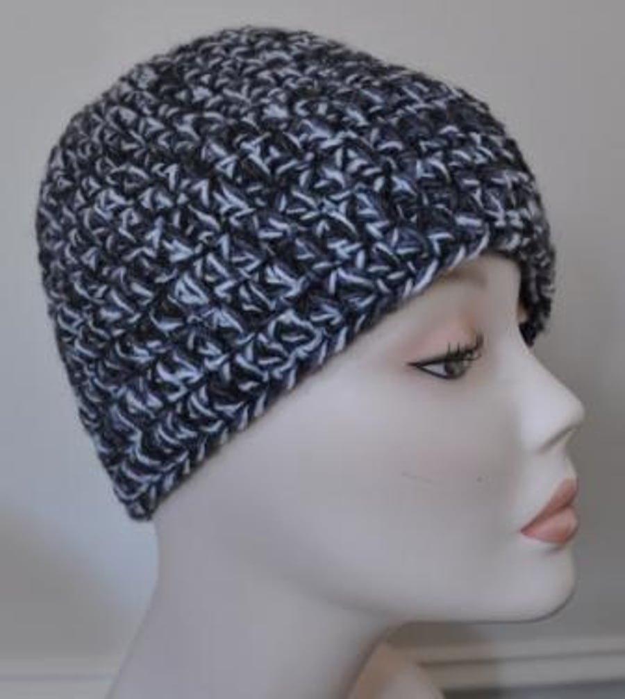 Men's Hand Crocheted Black Grey Winter Multi Colour Beanie Hat