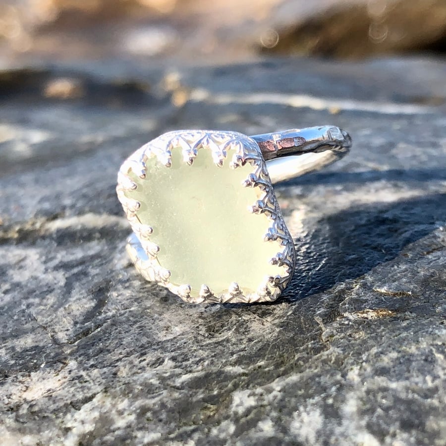 White Twist Statement Sea Glass and Sterling Silver Ring- Size O  - 1246