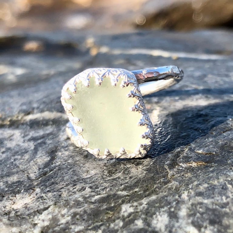 White Twist Statement Sea Glass and Sterling Silver Ring- Size O  - 1246