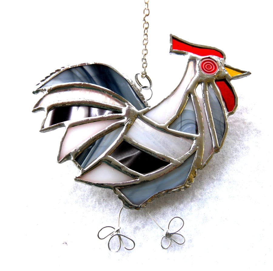 Cockerel Suncatcher Stained Glass chicken White Black Chicken