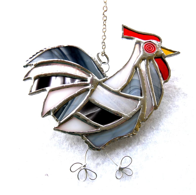 Cockerel Suncatcher Stained Glass chicken White Black Chicken
