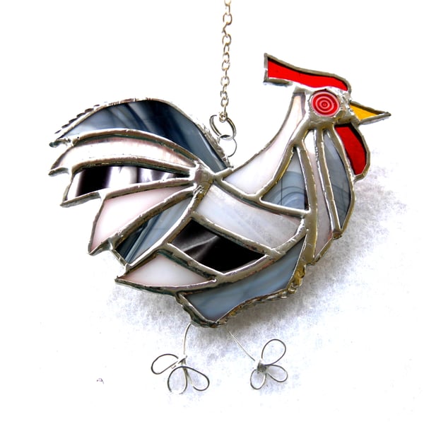 Cockerel Suncatcher Stained Glass chicken White Black Chicken