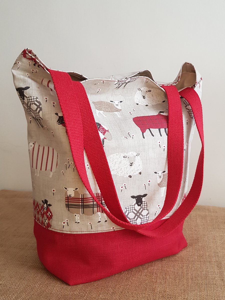 Large tote bag: sheep with red linen contrast
