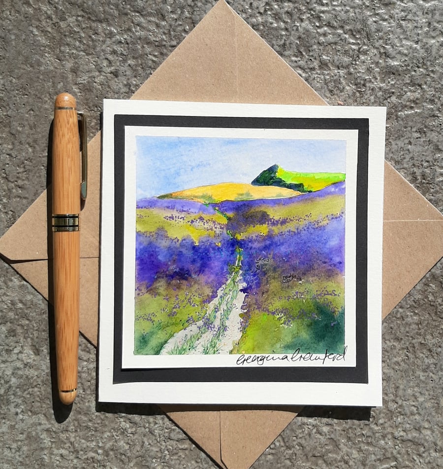 Blank Card. Heather on the Hills. Handpainted Watercolour. Keepsake