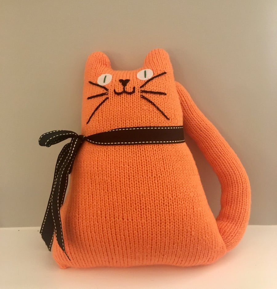 Hand knitted ginger cat,   collectables, cat shaped cushion    