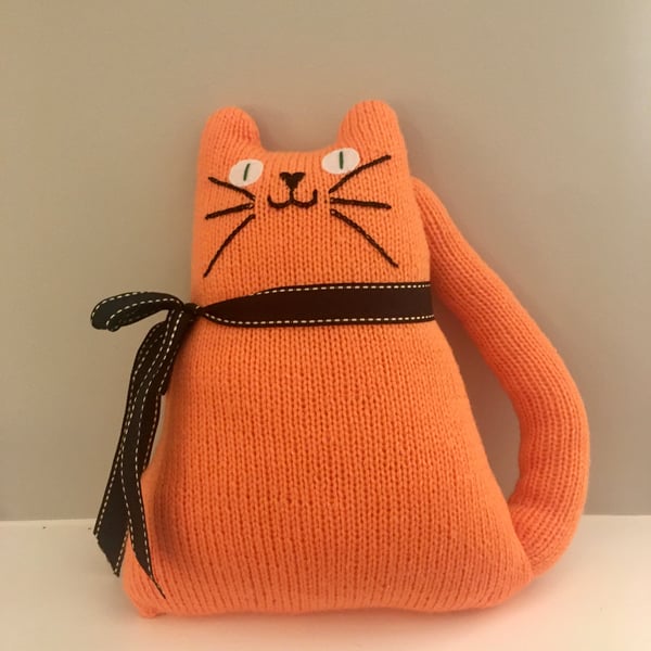 Hand knitted ginger cat,   collectables, cat shaped cushion    