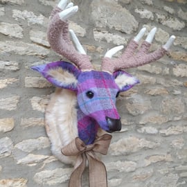 Handmade faux taxidermy stag Harris tweed purple check deer head wall mount