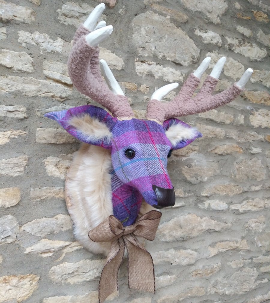 Handmade faux taxidermy stag Harris tweed purple check deer head wall mount