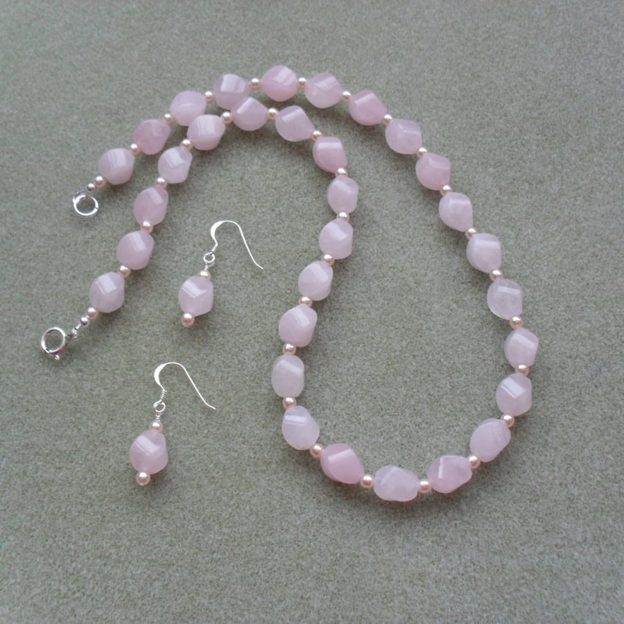 Sterling Silver Rose Quartz and Glass Pearl Necklace and Earring Set