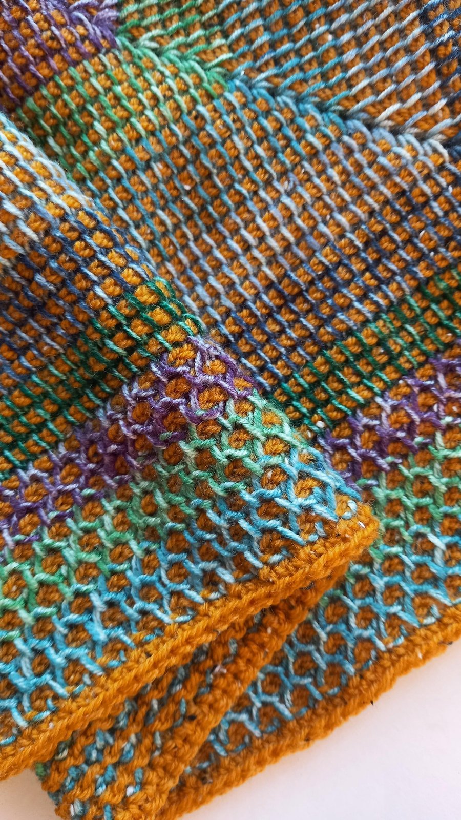 Handmade Tunisian Crochet Lap Blanket: Acrylic Wool Blend, Honeycomb Border
