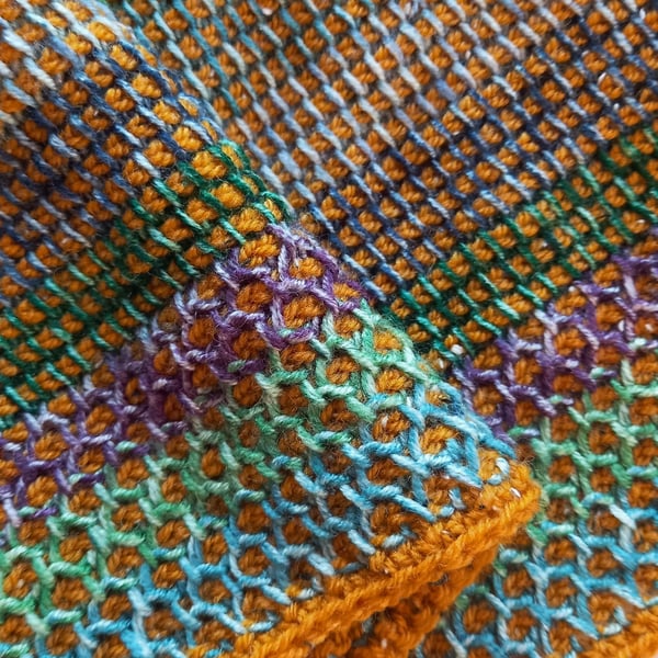 Handmade Tunisian Crochet Lap Blanket: Acrylic Wool Blend, Honeycomb Border