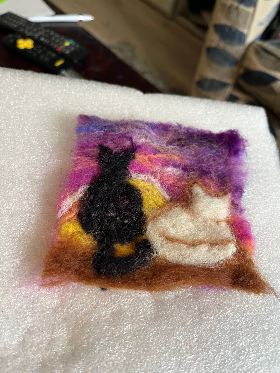 Wool small painting, needle felt art, wall hanging, miniatures, Cats