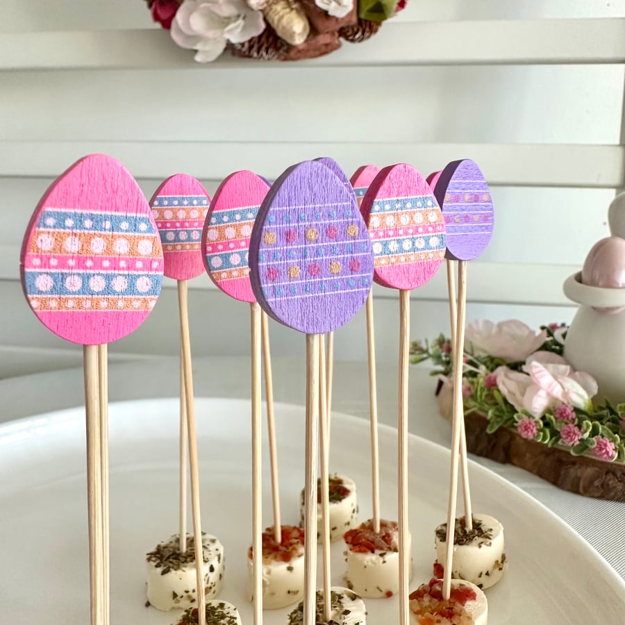 Colourful eggs wooden food skewers for Easter party table decoration for kids