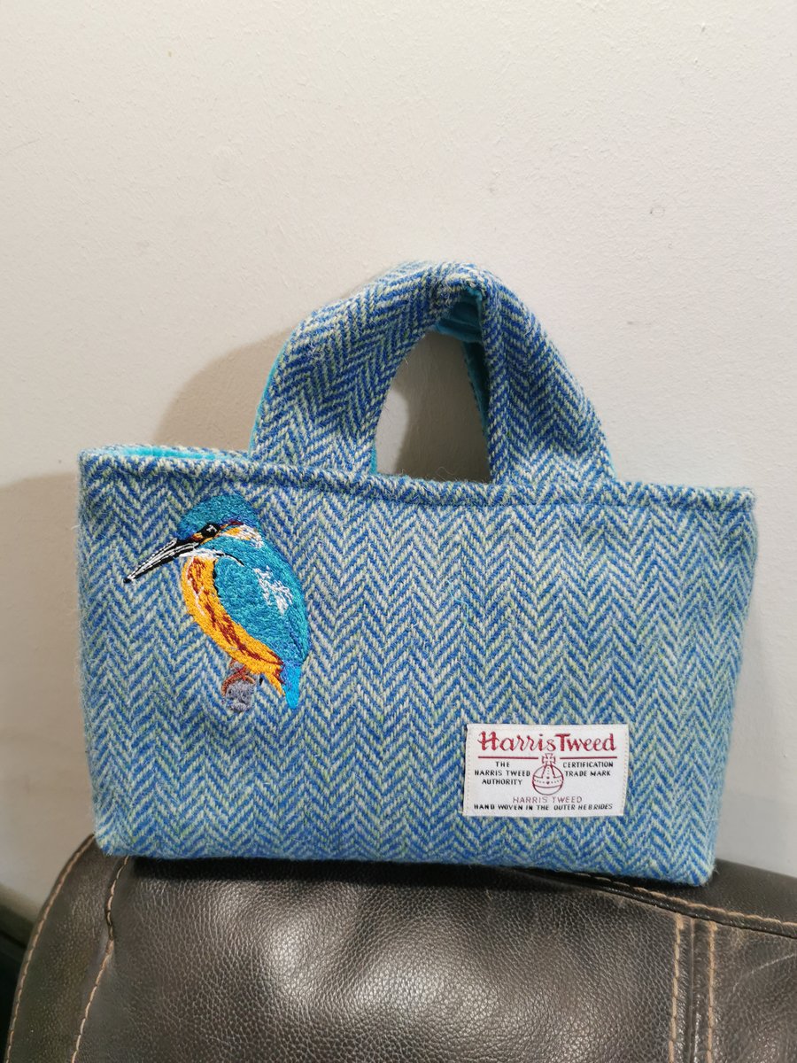 Harris Tweed Bag with embroidered Kingfisher 