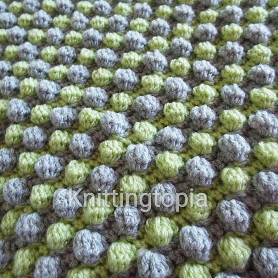 Hand crocheted pram blanket - green and grey crocheted bobble blanket - stripy 