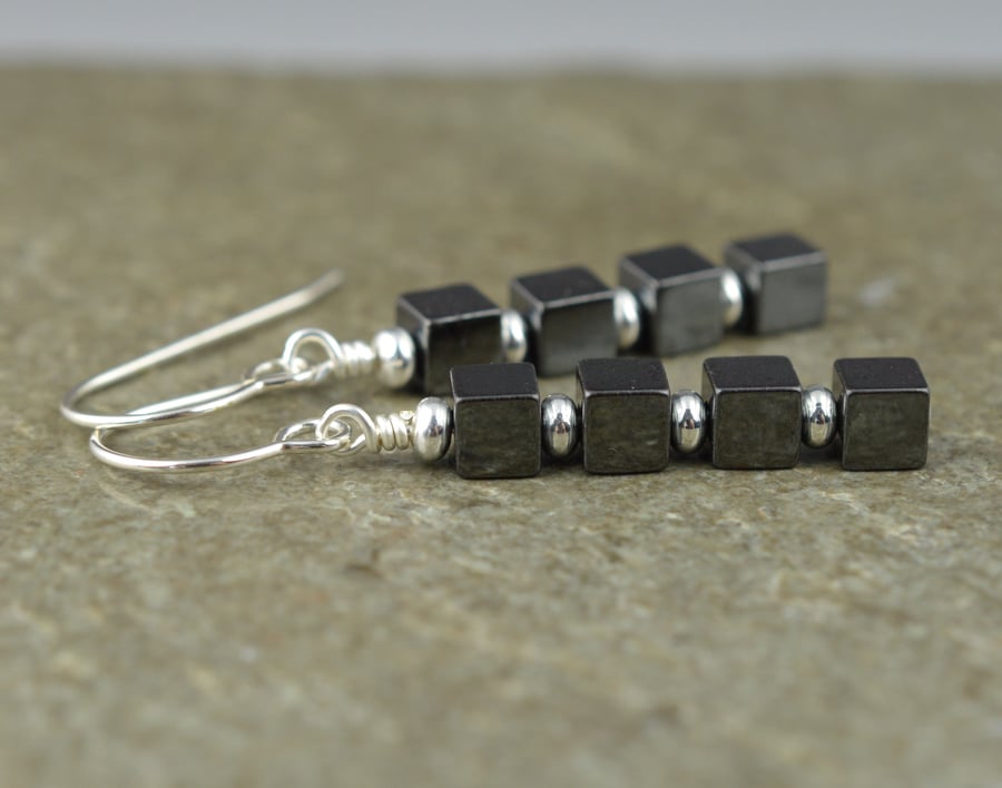 Small Haematite Cube Gemstone & Sterling Silver Hook Drop Earrings