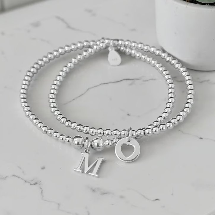 Sterling Silver Personalised Stretch Initial and Heart Charm Bracelet Set 