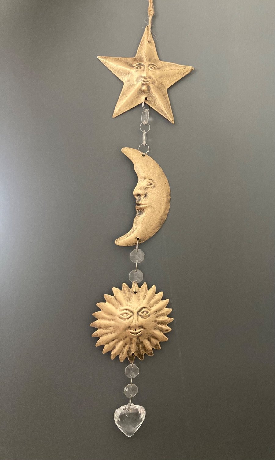 Retro 90s style celestial sun moon and star gold metal hanging decoration 