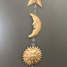 Retro 90s style celestial sun moon and star gold metal hanging decoration 