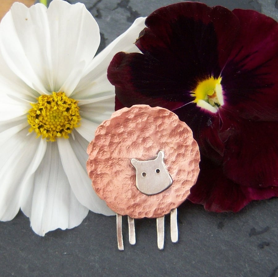 Sheep brooch in copper and sterling silver