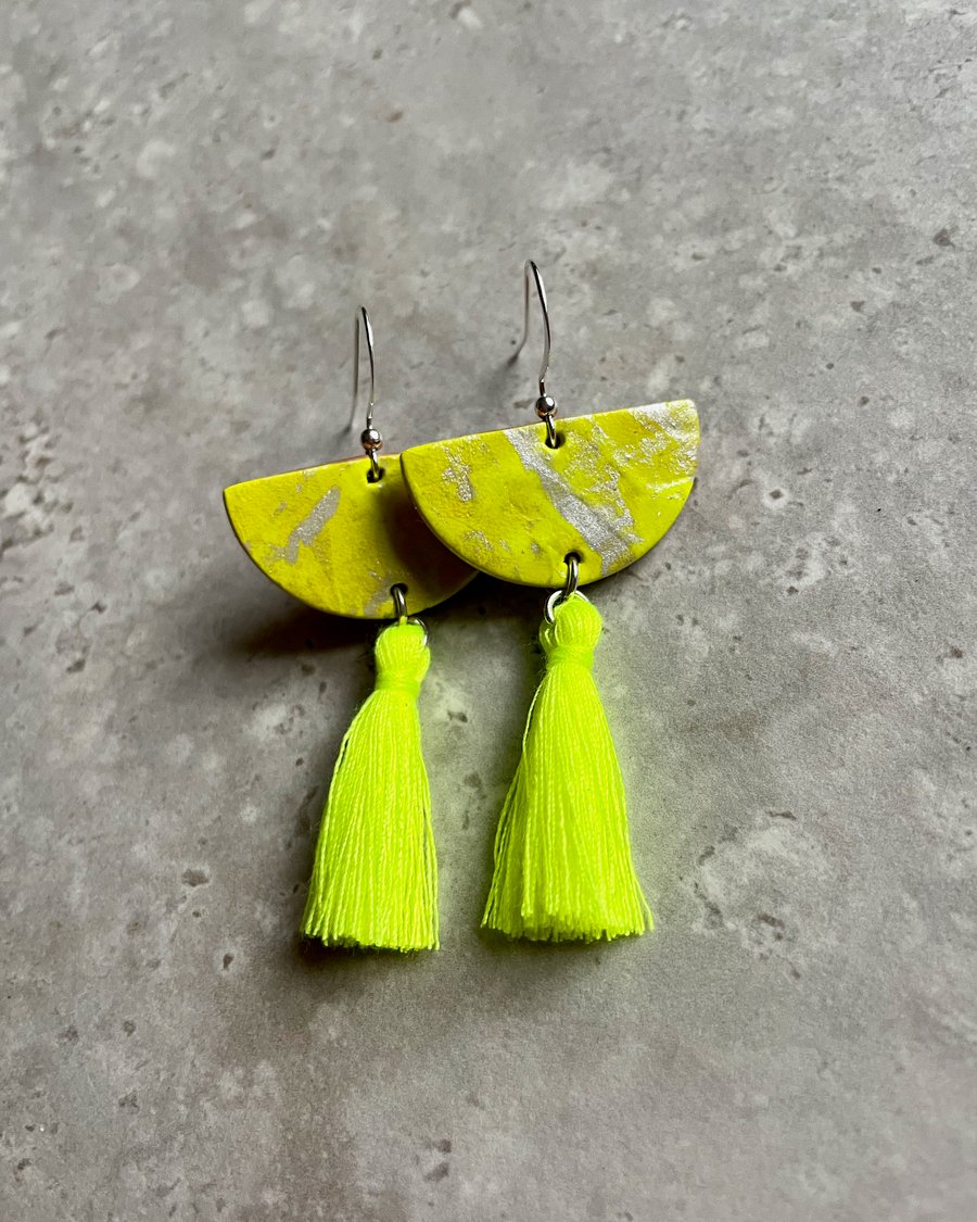 Neon Yellow and Silver Half Moon Hand Painted Leather Earrings with Tassel