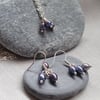 Dark Grey Pearl Cluster Pendant Necklace and Earring Set on Silver Plated Chain