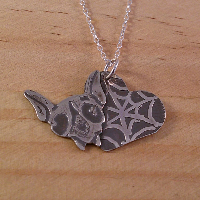 Sterling Silver Cat Skull and Web Heart Necklace (SKU060525)