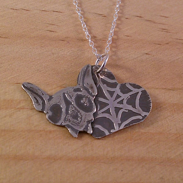 Sterling Silver Cat Skull and Web Heart Necklace (SKU060525)