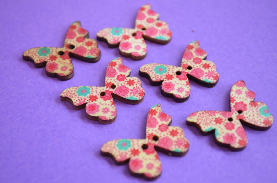 Wooden Butterfly Buttons Flowers Pink Turquoise Red 6pk 28x20mm (B4)