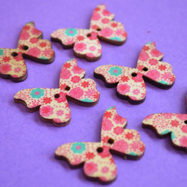 Wooden Butterfly Buttons Flowers Pink Turquoise Red 6pk 28x20mm (B4)